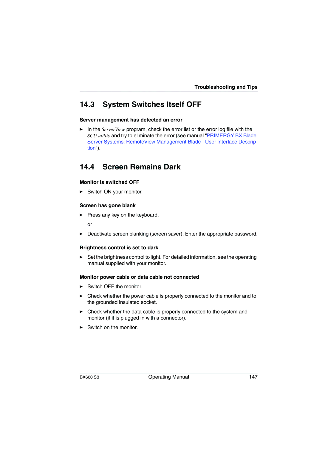 Fujitsu BX600 S3 manual System Switches Itself OFF, Screen Remains Dark 