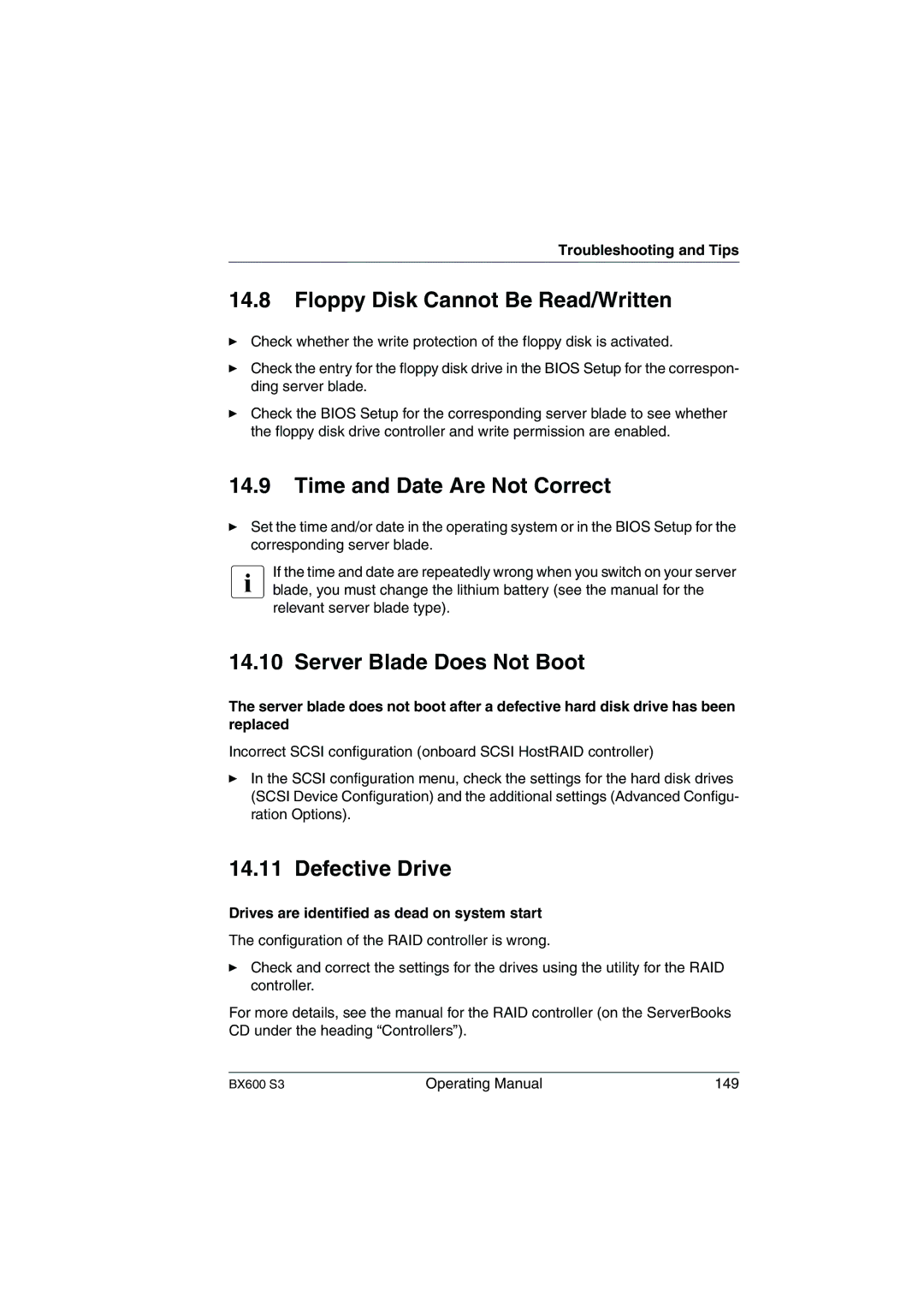 Fujitsu BX600 S3 manual Floppy Disk Cannot Be Read/Written, Time and Date Are Not Correct, Server Blade Does Not Boot 