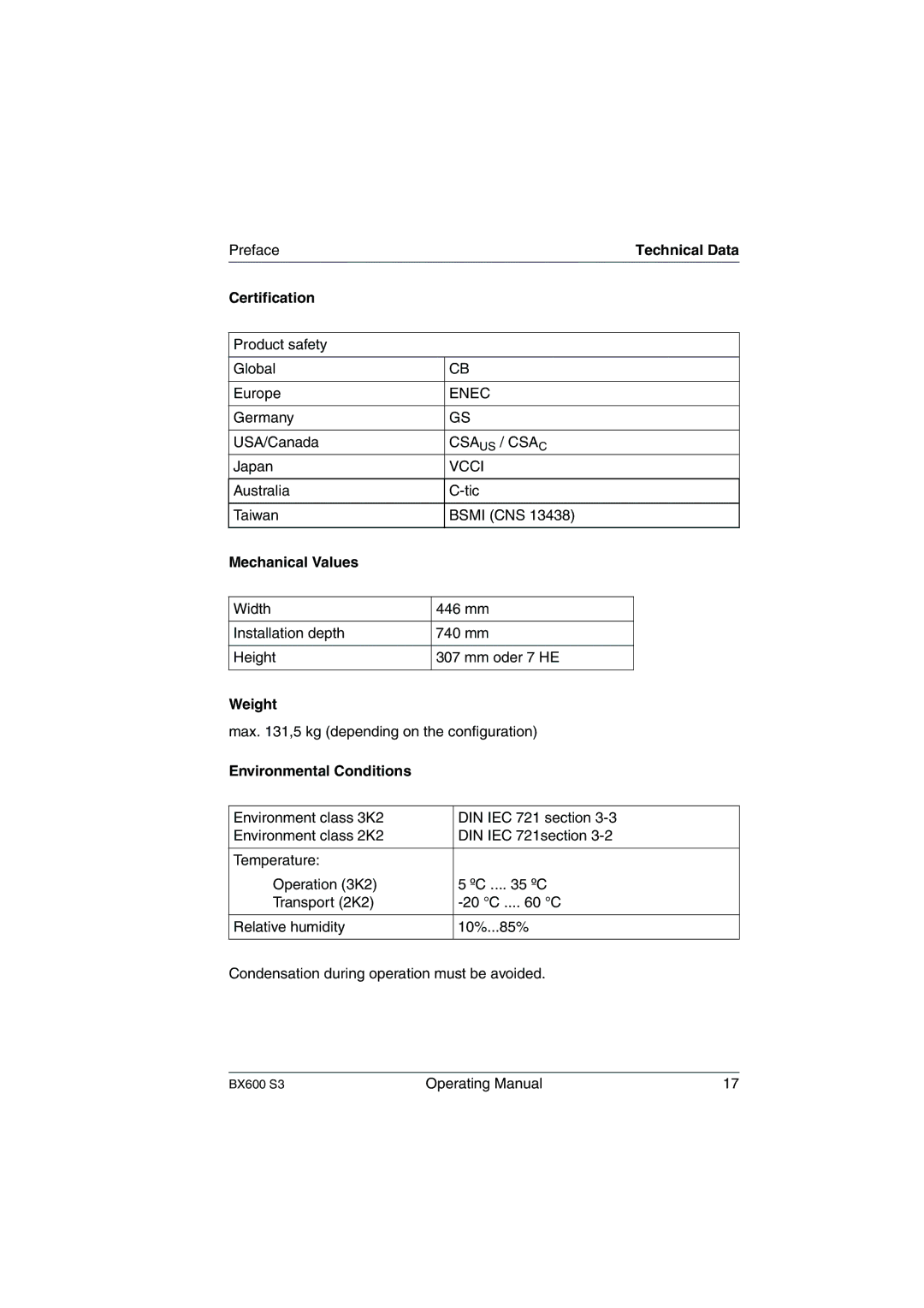 Fujitsu BX600 S3 manual Certification, Mechanical Values, Weight, Environmental Conditions 