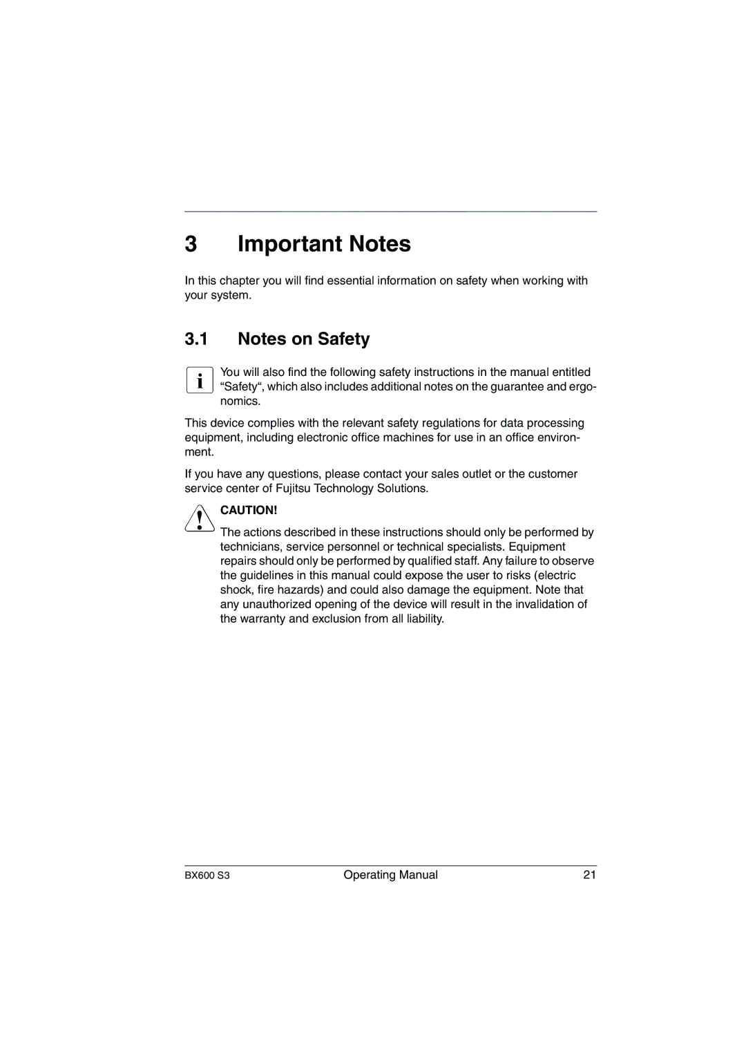 Fujitsu BX600 S3 manual Important Notes 