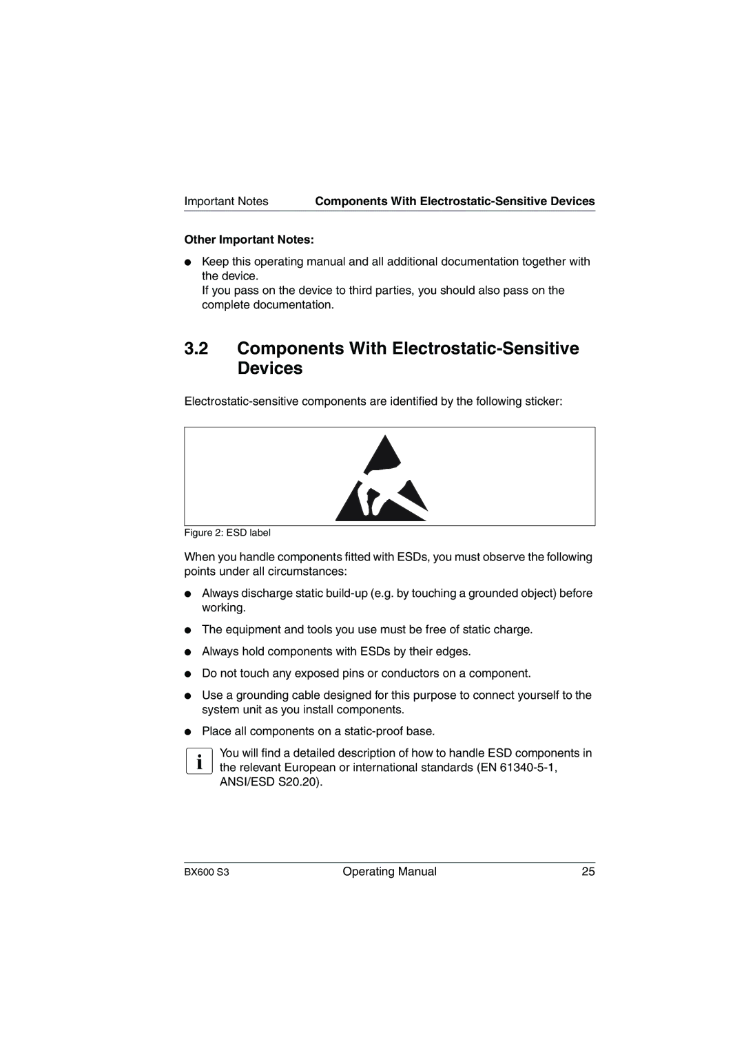 Fujitsu BX600 S3 manual Components With Electrostatic-Sensitive Devices, Other Important Notes 