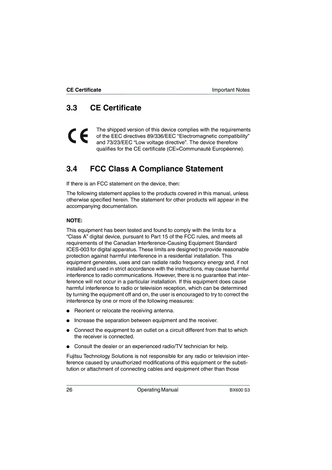 Fujitsu BX600 S3 manual CE Certificate, FCC Class a Compliance Statement 