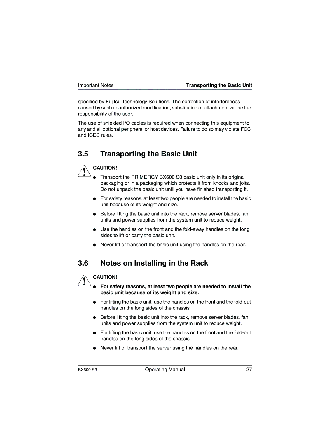 Fujitsu BX600 S3 manual Transporting the Basic Unit 