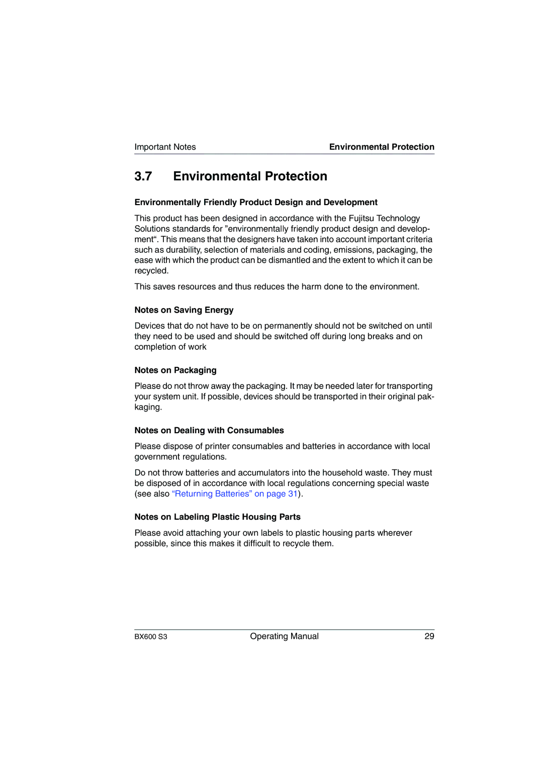 Fujitsu BX600 S3 manual Environmental Protection, Environmentally Friendly Product Design and Development 