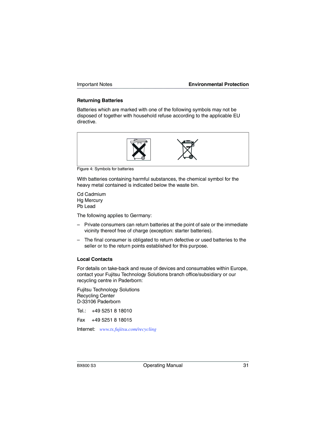 Fujitsu BX600 S3 manual Returning Batteries, Local Contacts 