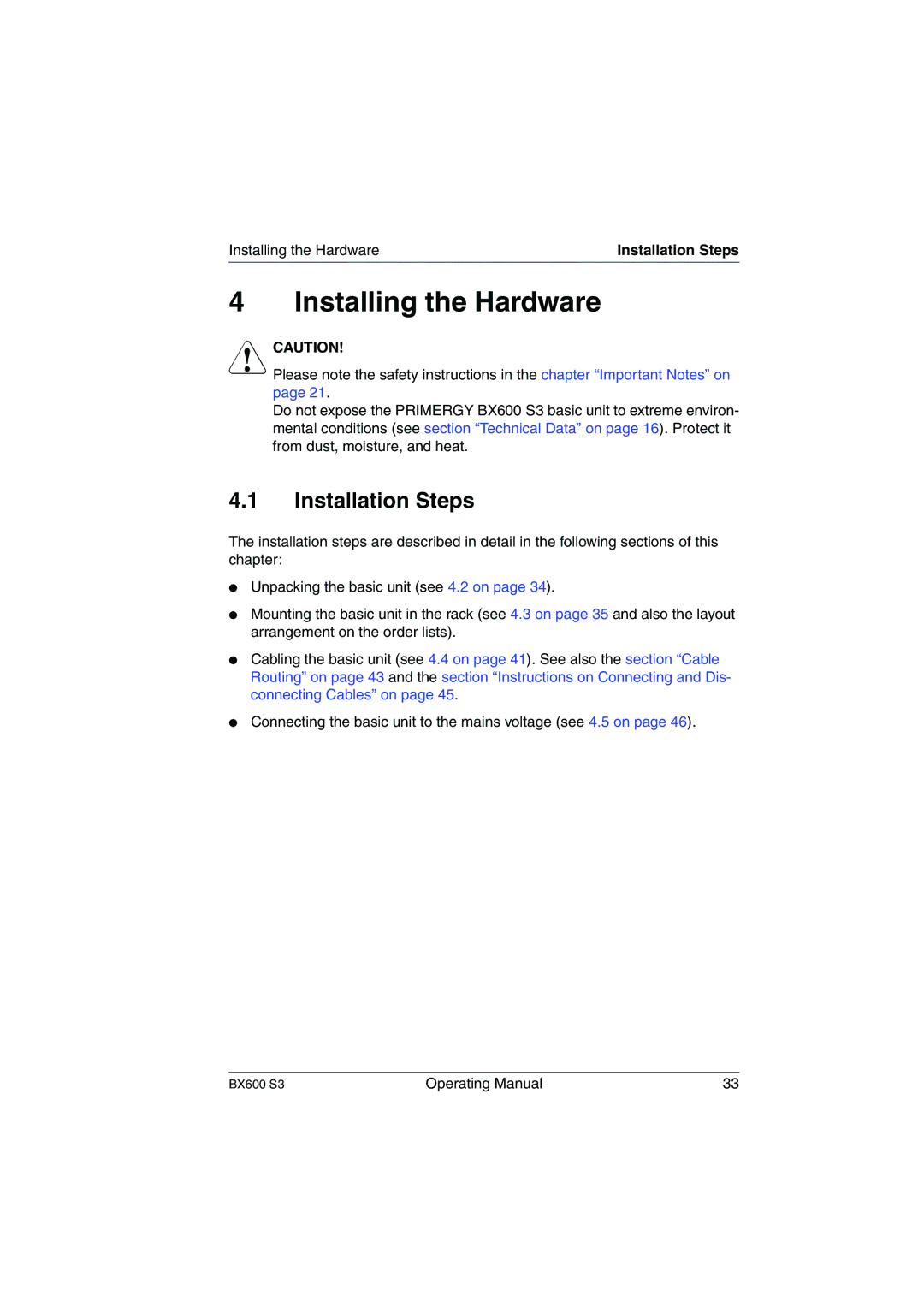 Fujitsu BX600 S3 manual Installing the Hardware, Installation Steps 