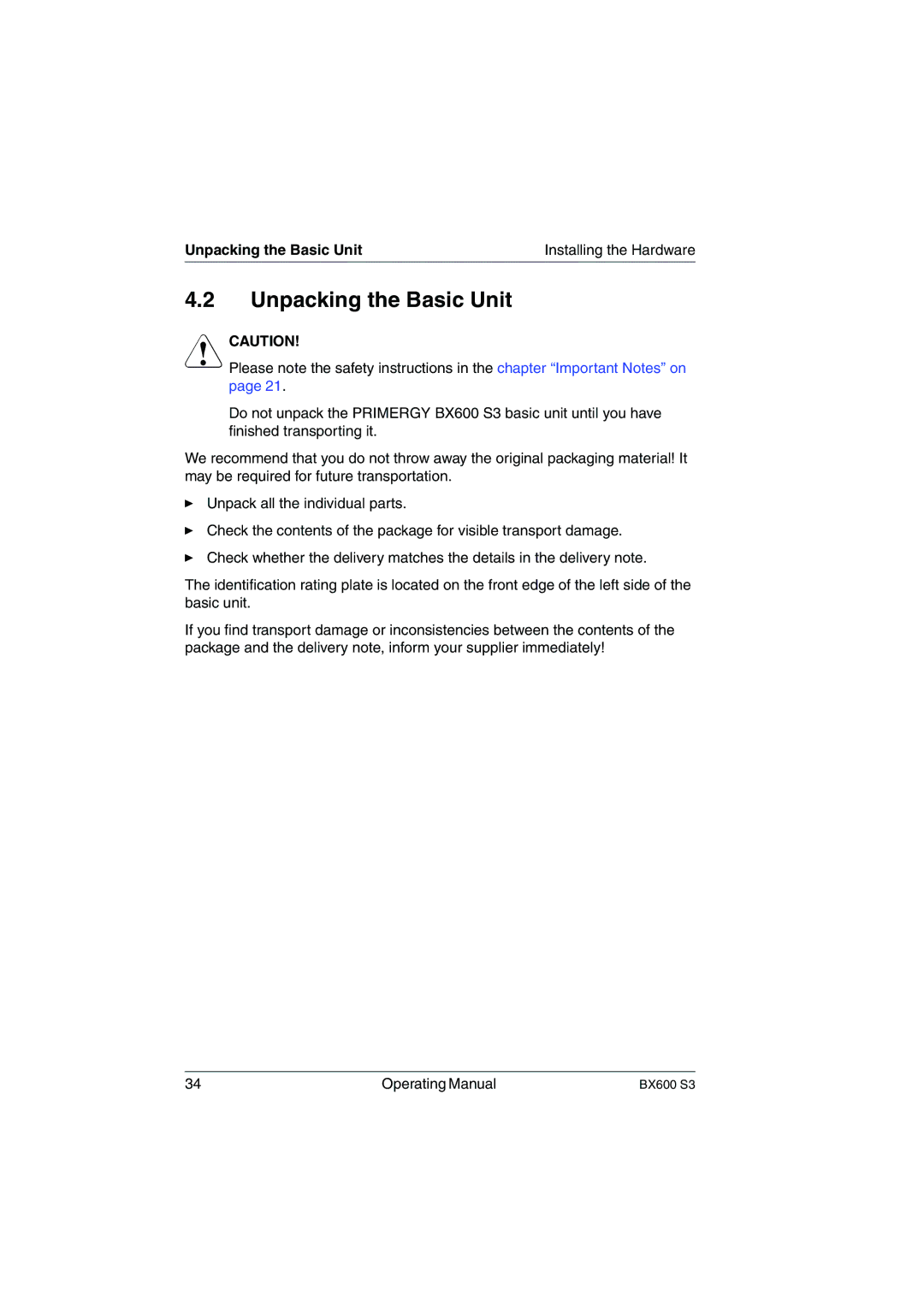 Fujitsu BX600 S3 manual Unpacking the Basic Unit 