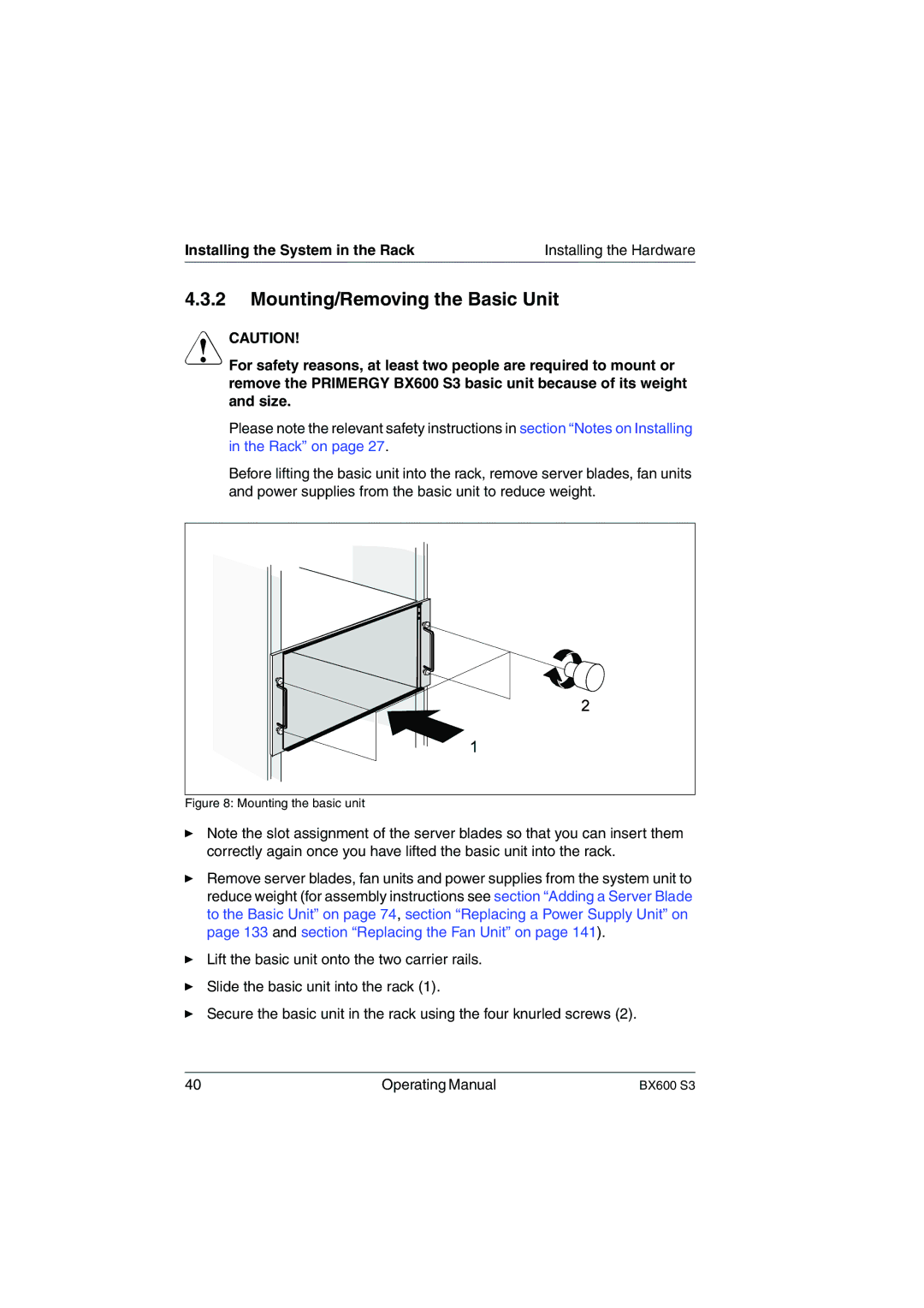 Fujitsu BX600 S3 manual Mounting/Removing the Basic Unit, Mounting the basic unit 