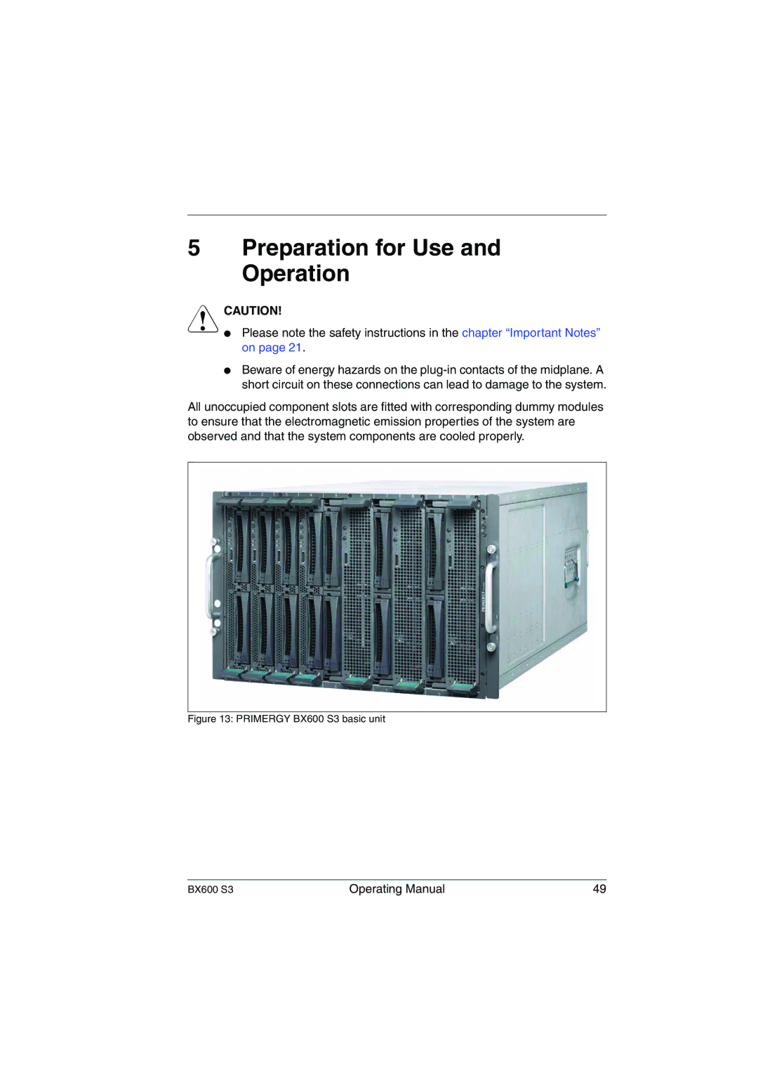 Fujitsu manual Preparation for Use and Operation, Primergy BX600 S3 basic unit 