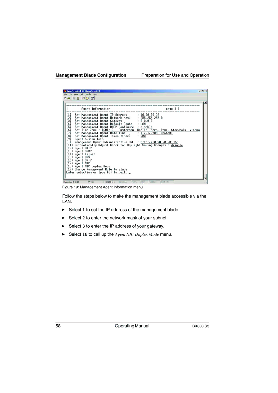 Fujitsu BX600 S3 manual Management Agent Information menu 