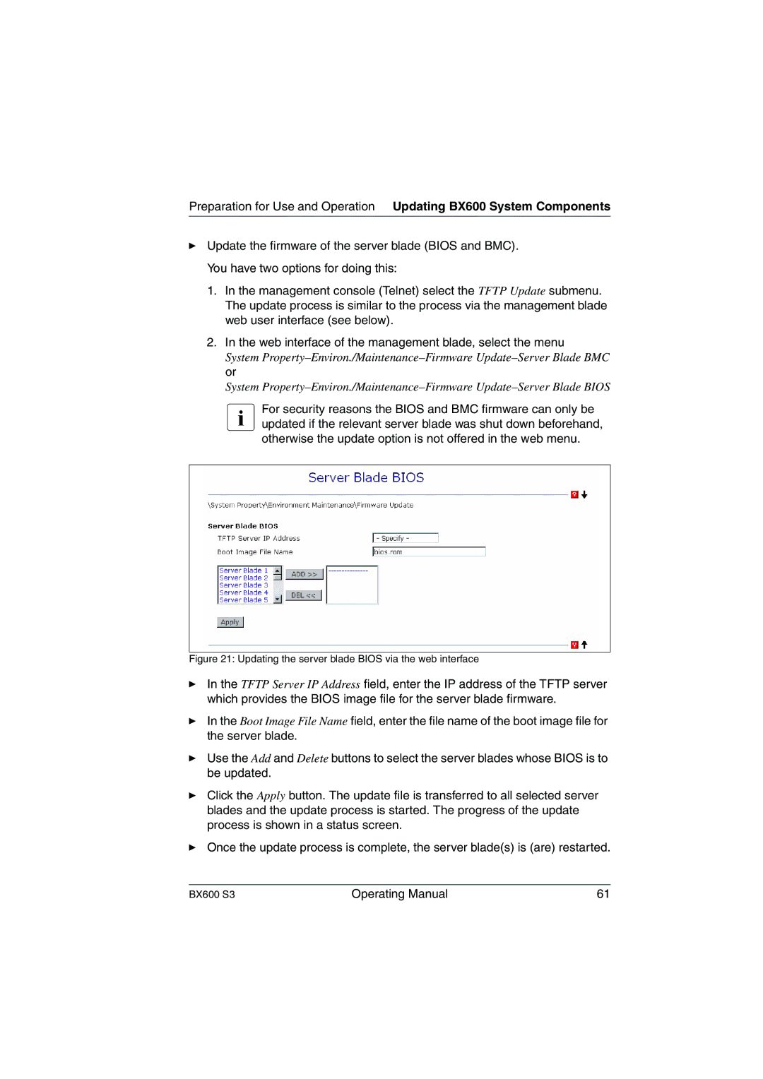 Fujitsu BX600 S3 manual Updating the server blade Bios via the web interface 