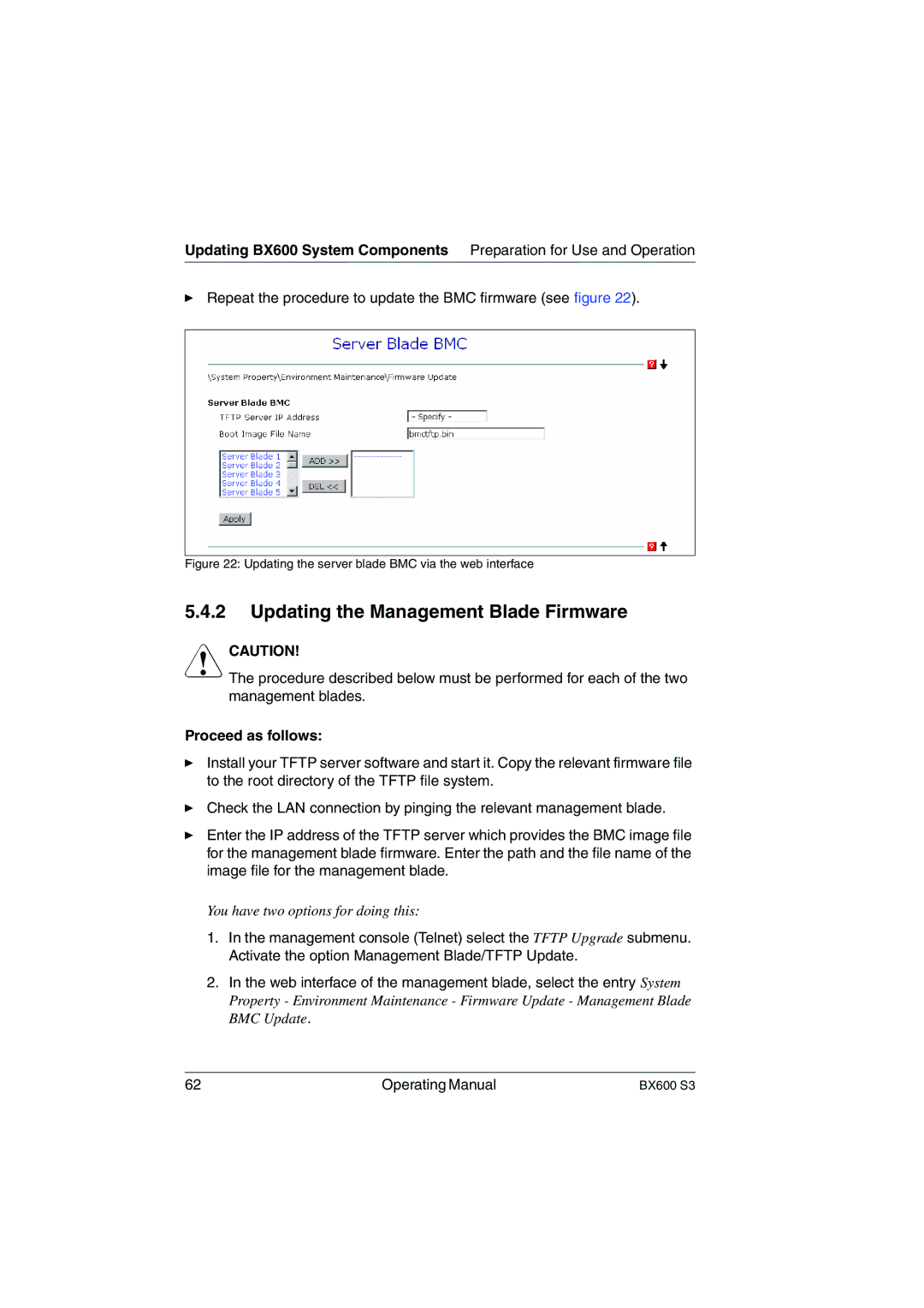 Fujitsu BX600 S3 manual Updating the Management Blade Firmware, Updating the server blade BMC via the web interface 