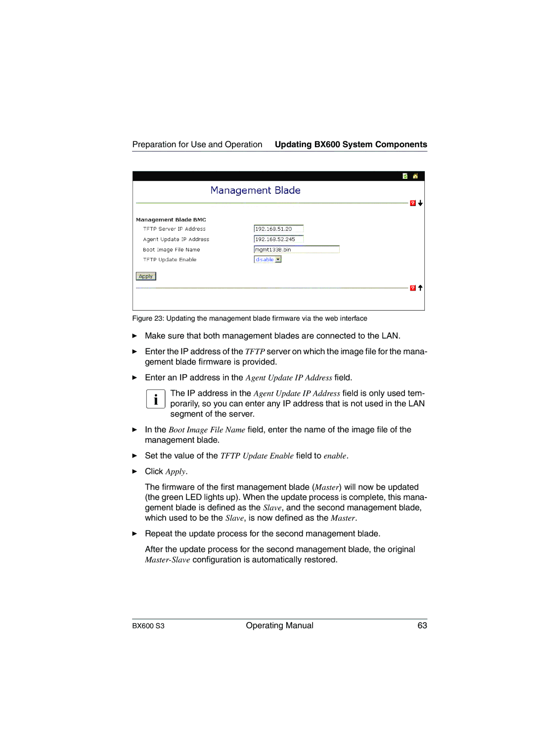 Fujitsu BX600 S3 manual Updating the management blade firmware via the web interface 