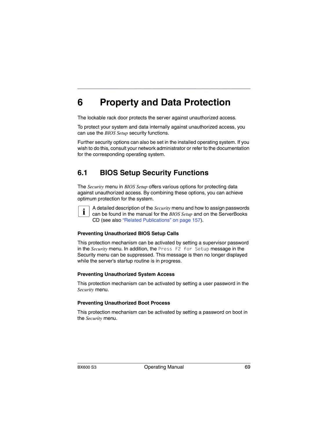 Fujitsu BX600 S3 Property and Data Protection, Bios Setup Security Functions, Preventing Unauthorized Bios Setup Calls 