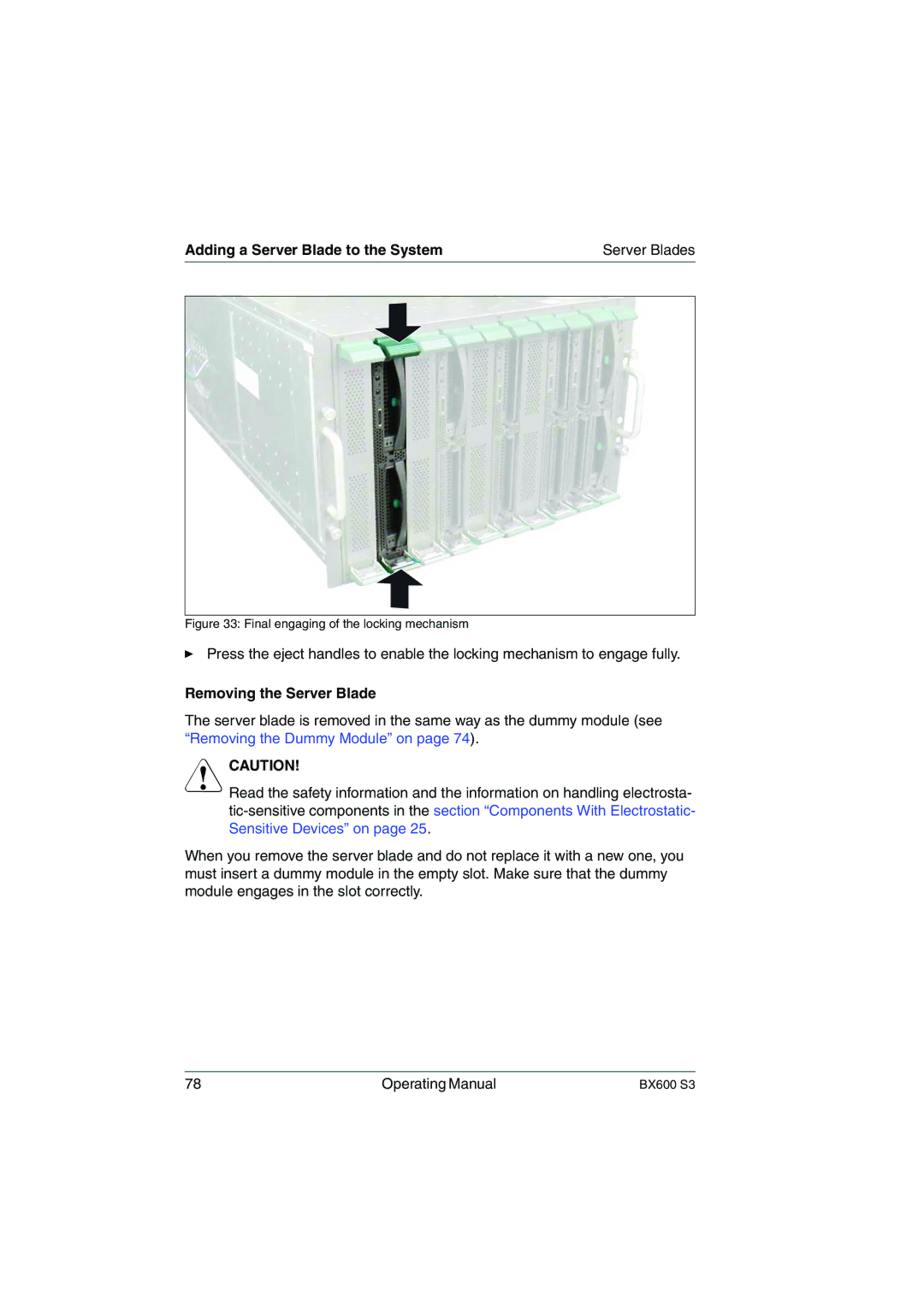 Fujitsu BX600 S3 manual Removing the Server Blade, Final engaging of the locking mechanism 