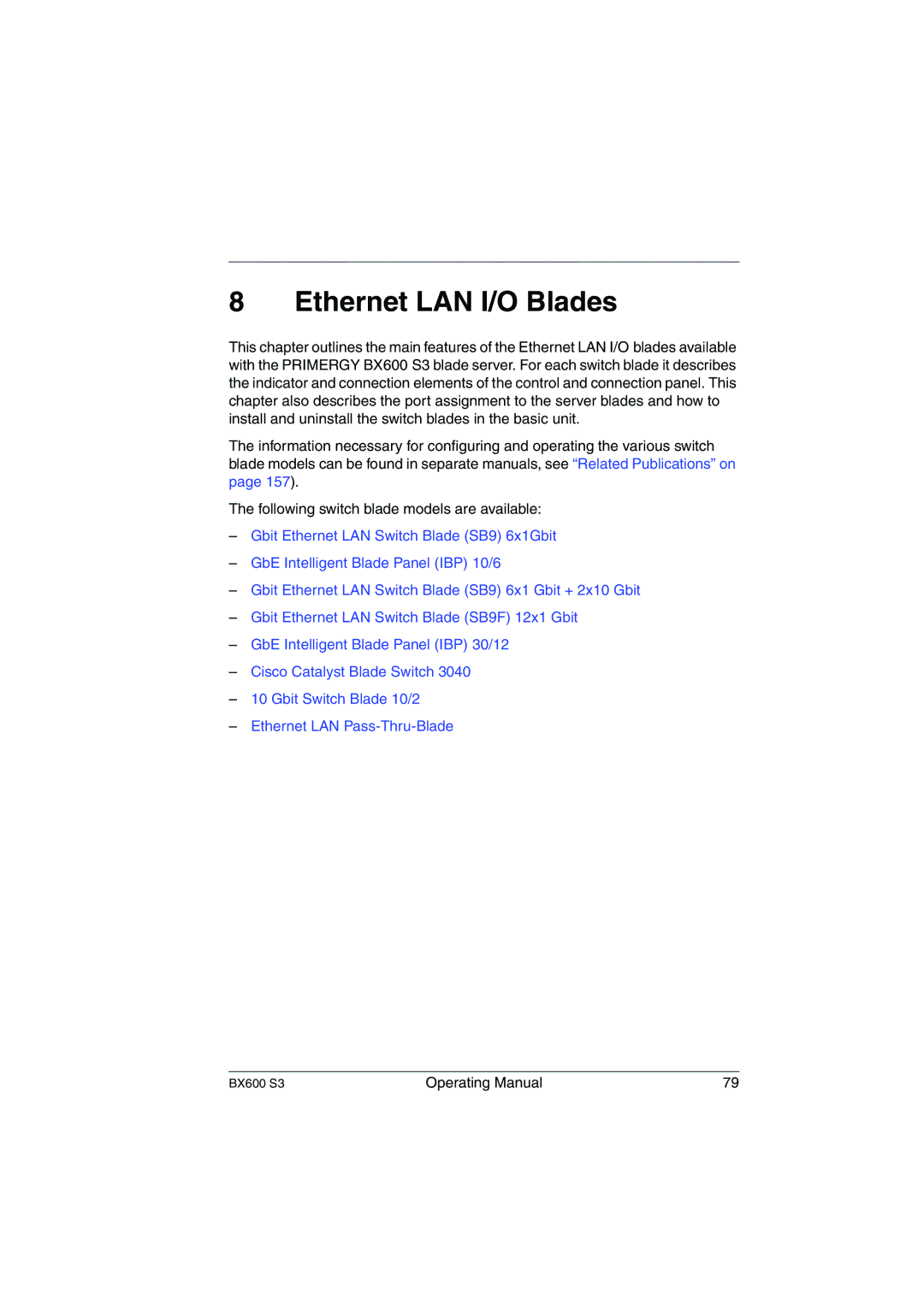 Fujitsu BX600 S3 manual Ethernet LAN I/O Blades 