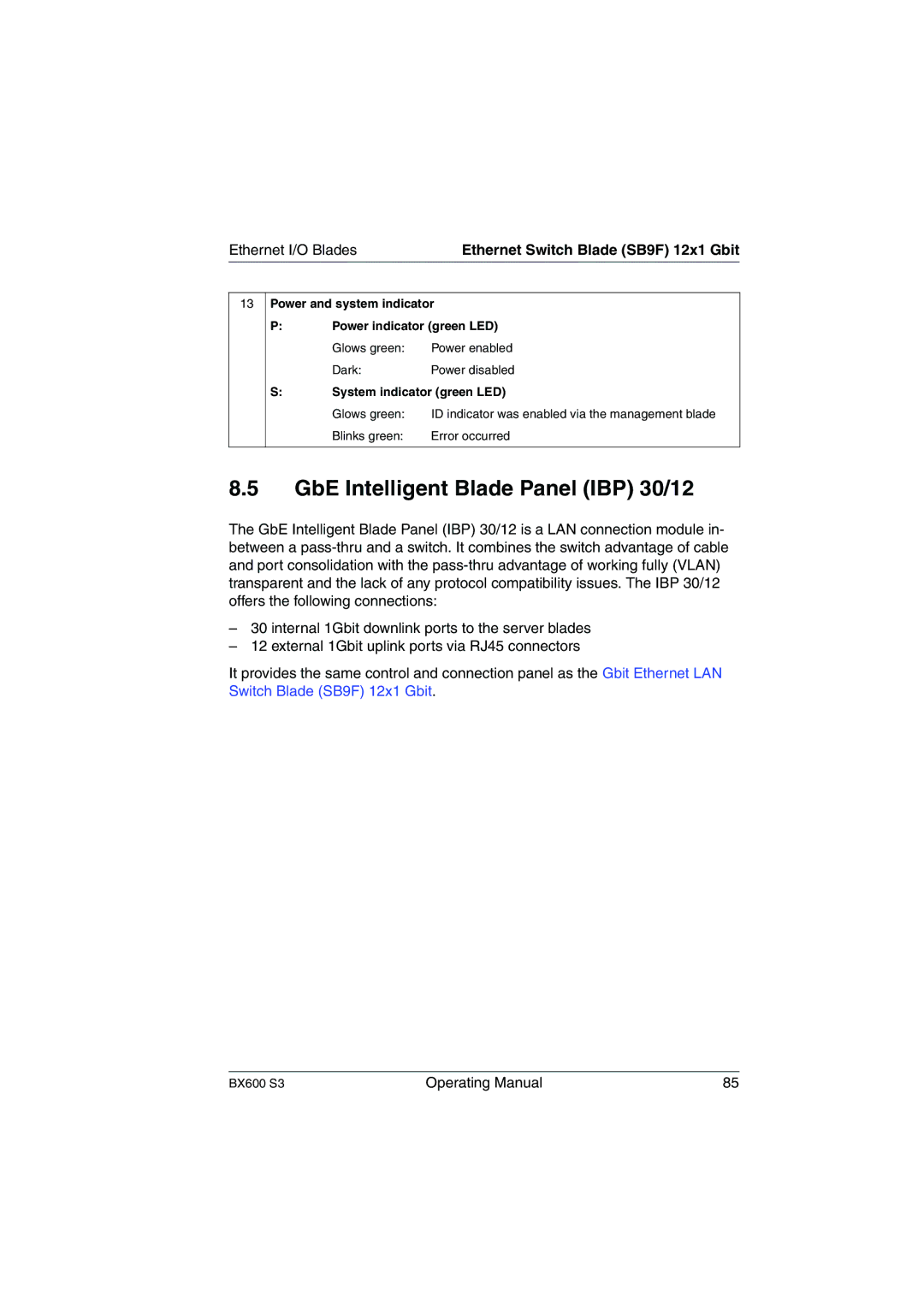 Fujitsu BX600 S3 manual GbE Intelligent Blade Panel IBP 30/12, Ethernet Switch Blade SB9F 12x1 Gbit 