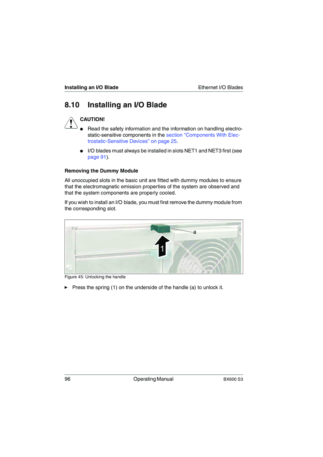 Fujitsu BX600 S3 manual Installing an I/O Blade 