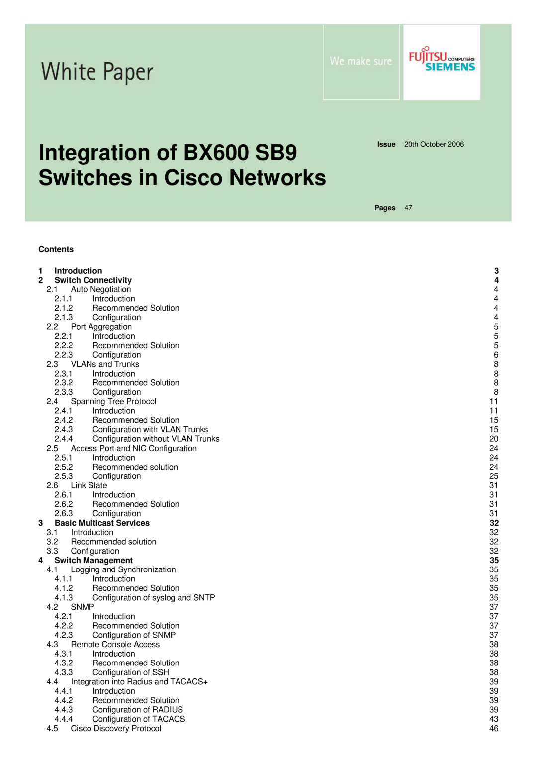 Fujitsu BX600 SB9 manual Contents Introduction Switch Connectivity, Basic Multicast Services, Switch Management 