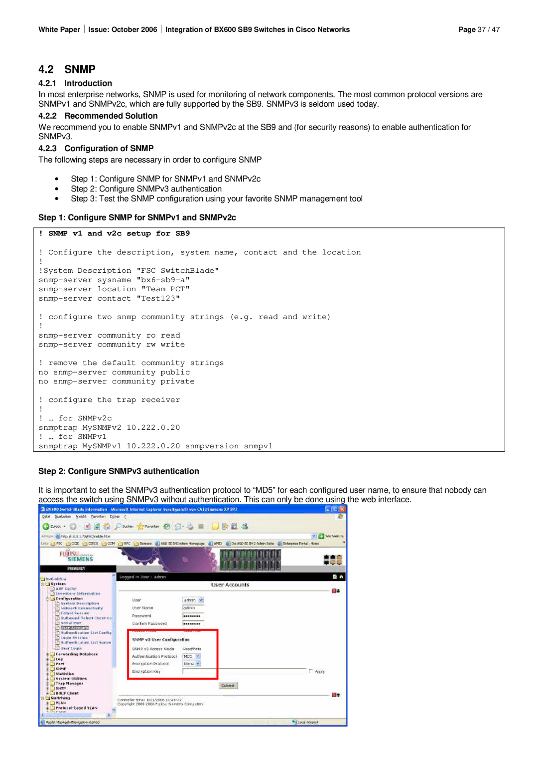 Fujitsu BX600 SB9 manual Configuration of Snmp, Configure Snmp for SNMPv1 and SNMPv2c, Configure SNMPv3 authentication 