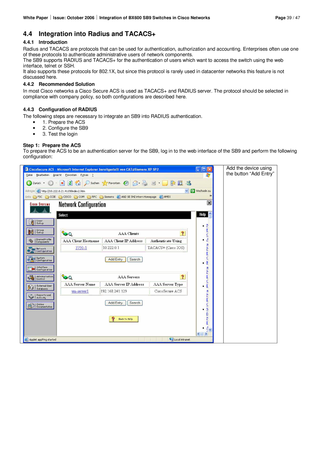 Fujitsu BX600 SB9 manual Integration into Radius and TACACS+, Configuration of Radius, Prepare the ACS 