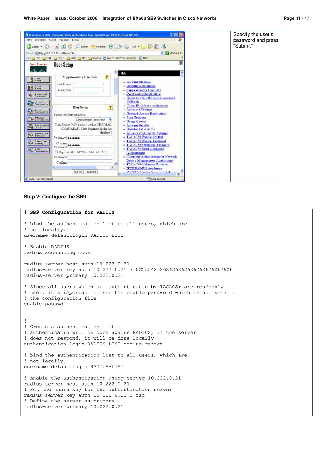 Fujitsu BX600 SB9 manual Specify the user’s password and press Submit 