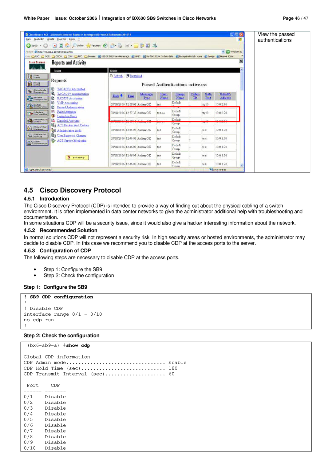 Fujitsu BX600 SB9 manual Cisco Discovery Protocol, Configuration of CDP, Check the configuration 