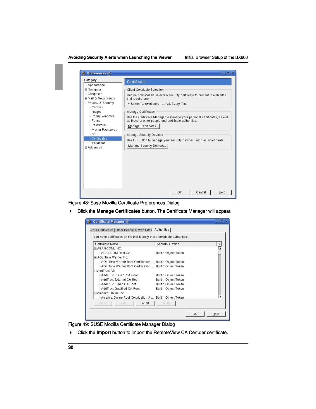 Fujitsu BX600 manual SUSE Mozilla Certificate Manager Dialog 