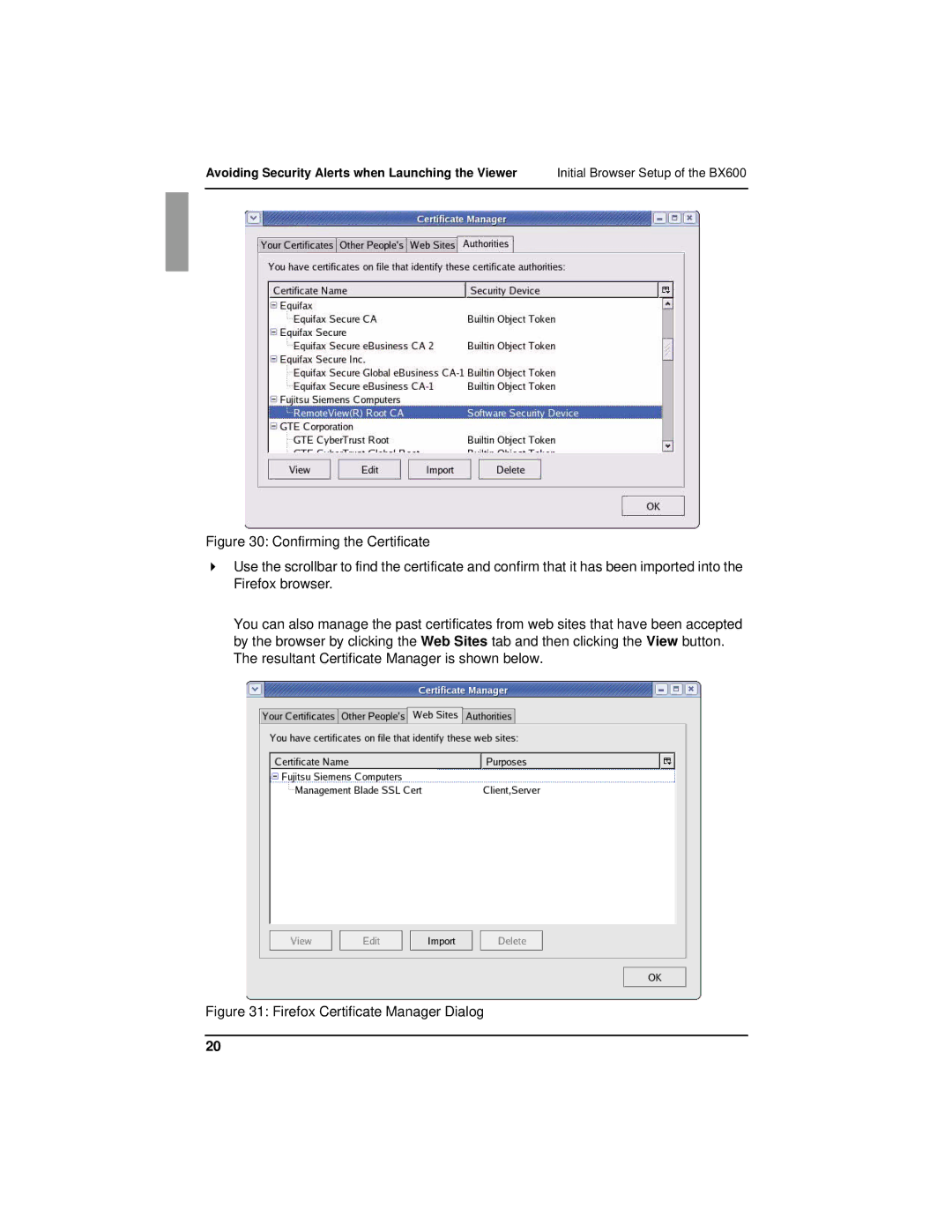 Fujitsu BX600 manual Firefox Certificate Manager Dialog 