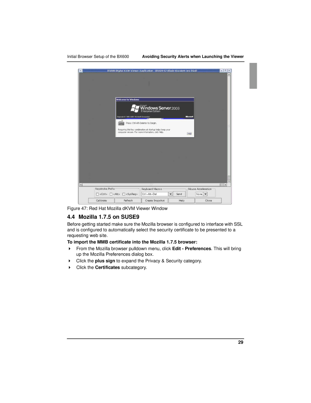 Fujitsu BX600 manual Mozilla 1.7.5 on SUSE9, To import the MMB certificate into the Mozilla 1.7.5 browser 