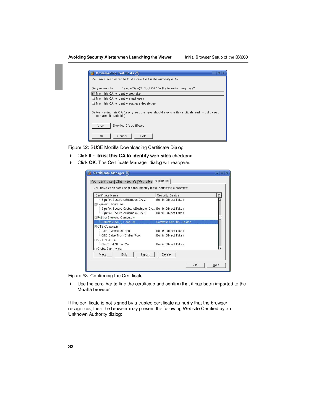 Fujitsu BX600 manual Suse Mozilla Downloading Certificate Dialog 