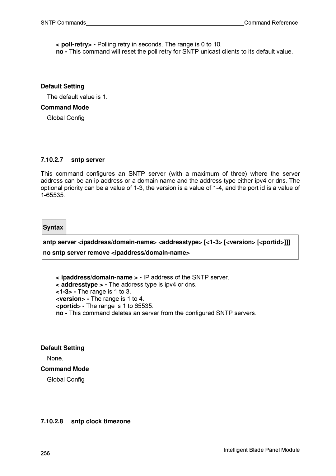 Fujitsu BX600 manual Sntp server, Sntp clock timezone 