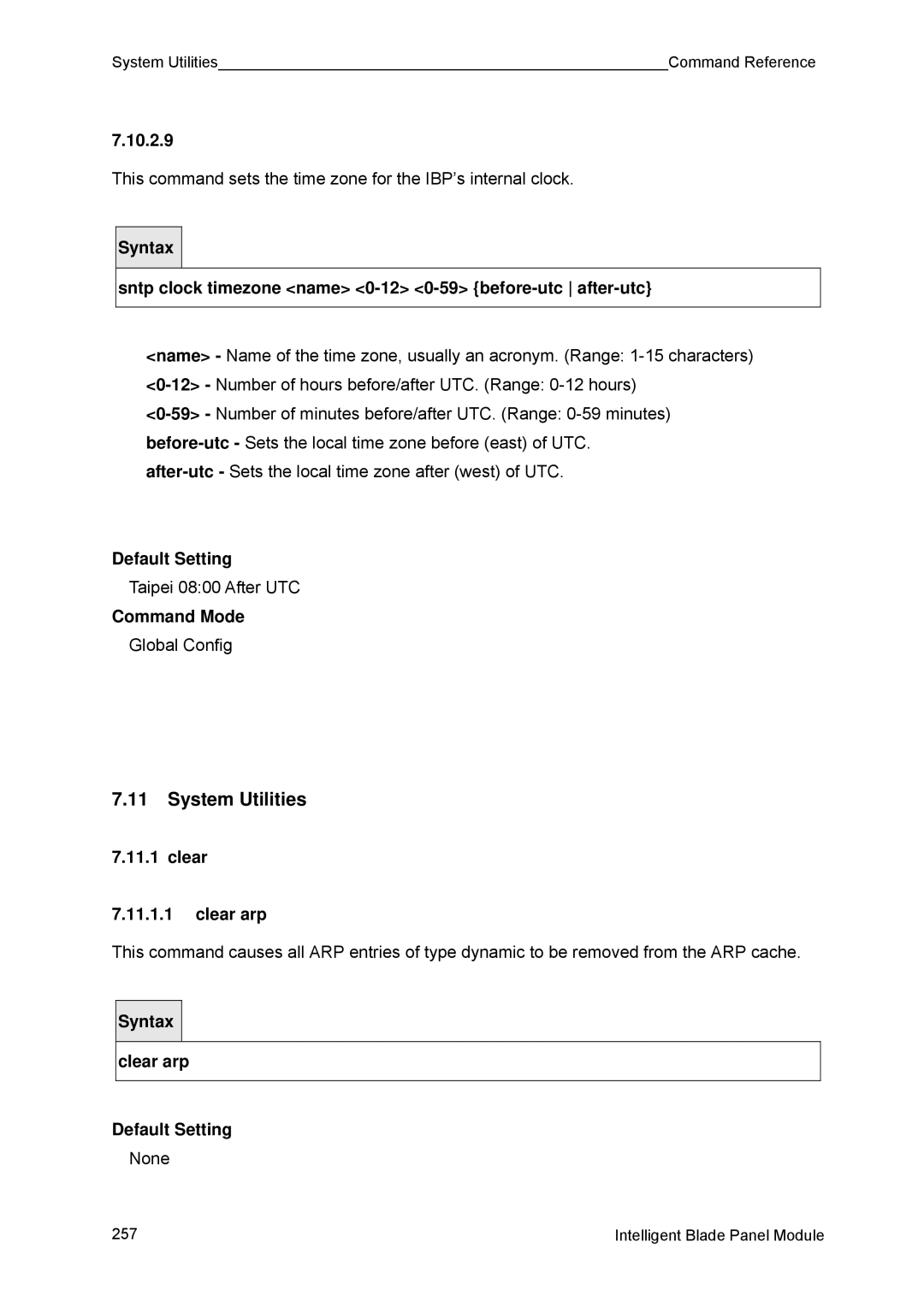 Fujitsu BX600 manual System Utilities, 10.2.9, Sntp clock timezone name 0-12 0-59 before-utc after-utc, Clear Clear arp 