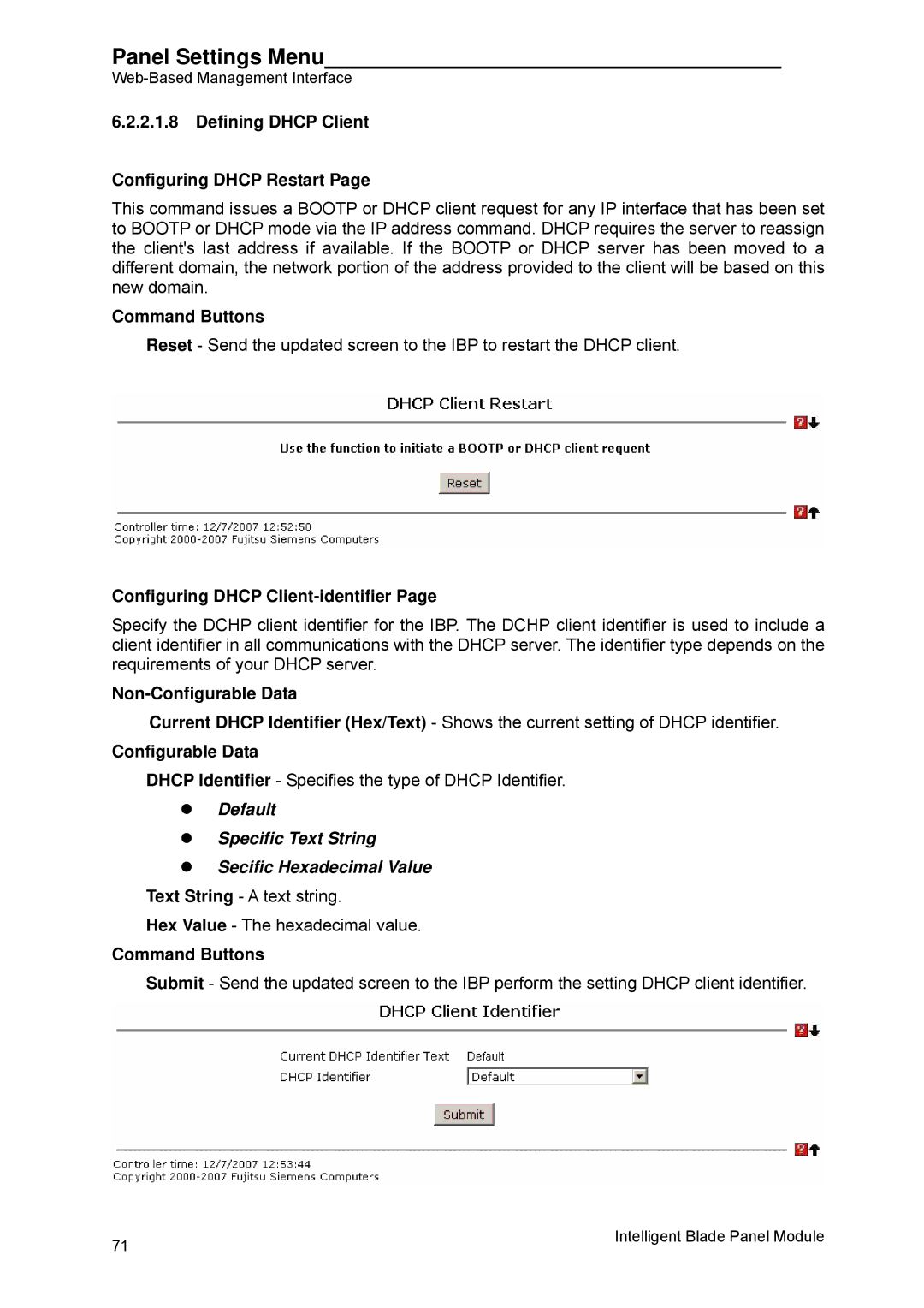 Fujitsu BX600 manual Defining Dhcp Client Configuring Dhcp Restart, Configuring Dhcp Client-identifier 