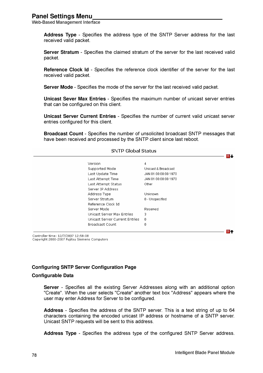 Fujitsu BX600 manual Configuring Sntp Server Configuration Configurable Data 