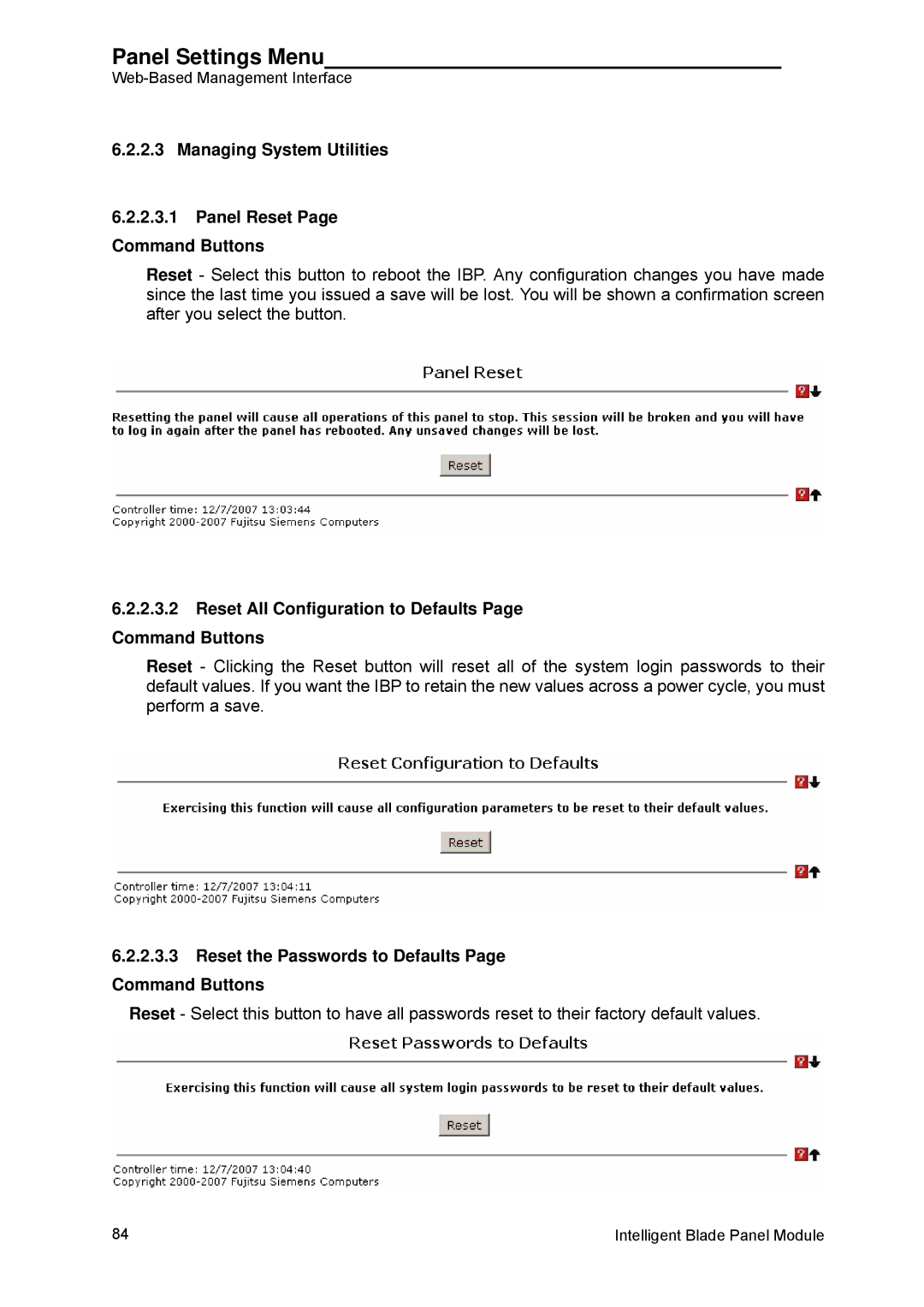 Fujitsu BX600 Managing System Utilities Panel Reset Command Buttons, Reset the Passwords to Defaults Page Command Buttons 