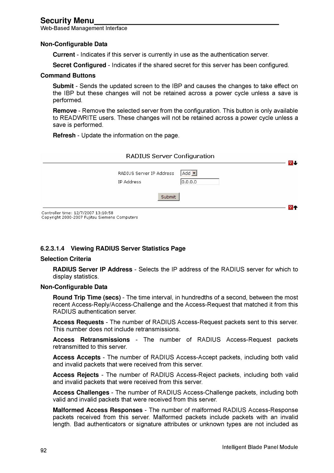 Fujitsu BX600 manual Viewing Radius Server Statistics Page Selection Criteria 