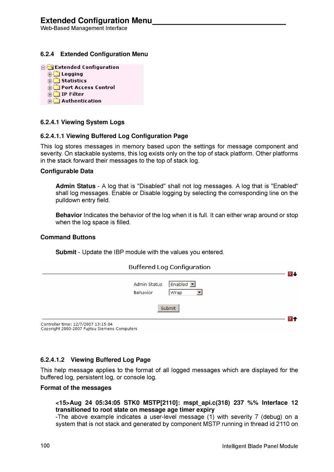 Fujitsu BX600 manual Extended Configuration Menu, Viewing Buffered Log 