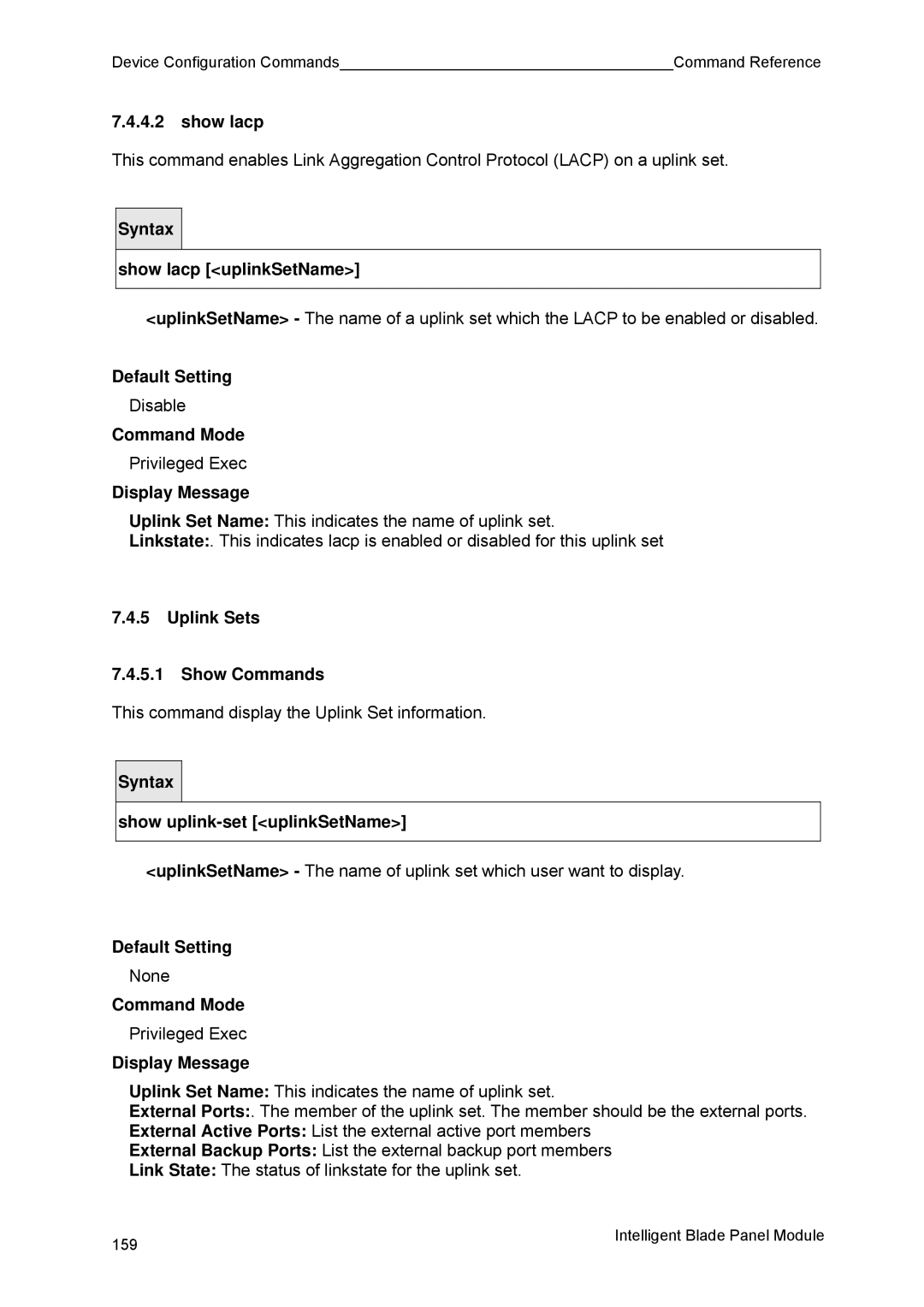 Fujitsu BX600 manual Show lacp, Uplink Sets Show Commands 