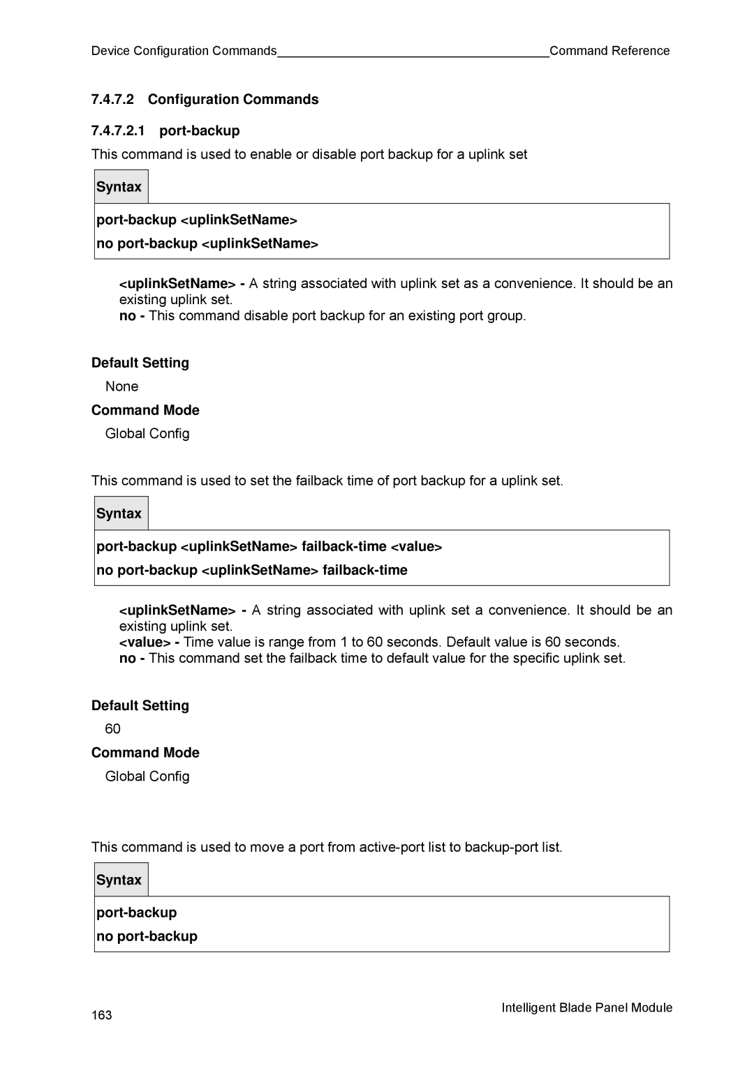 Fujitsu BX600 manual Configuration Commands Port-backup, Port-backup uplinkSetName no port-backup uplinkSetName 