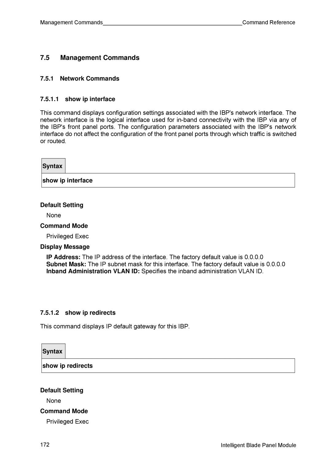 Fujitsu BX600 manual Management Commands, Network Commands Show ip interface, Show ip redirects 