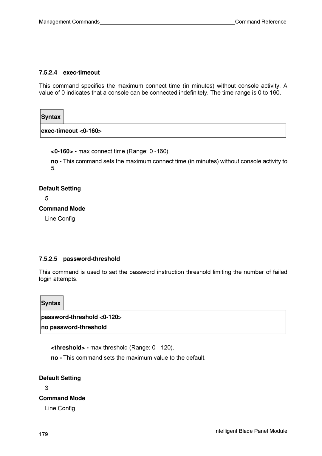 Fujitsu BX600 manual Exec-timeout, Password-threshold 0-120 no password-threshold 