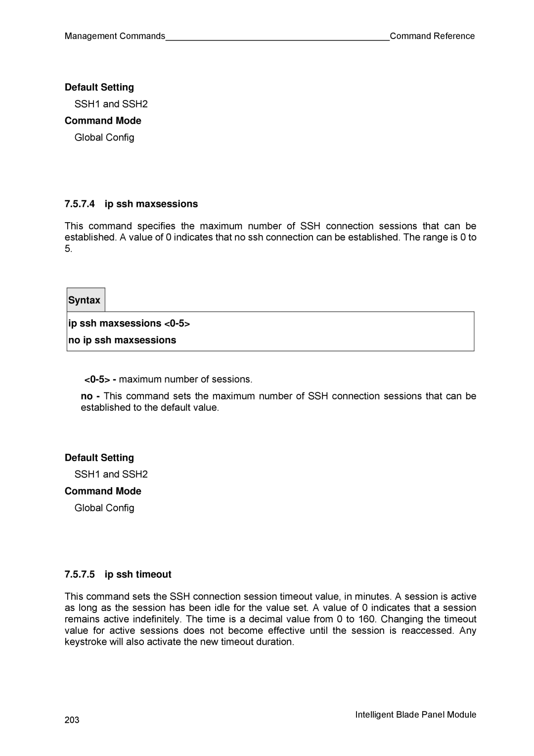 Fujitsu BX600 manual Ip ssh maxsessions 0-5 no ip ssh maxsessions, Ip ssh timeout 