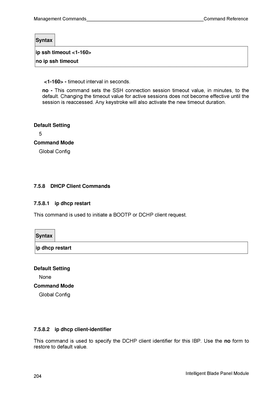 Fujitsu BX600 Ip ssh timeout 1-160 no ip ssh timeout, Dhcp Client Commands Ip dhcp restart, Ip dhcp client-identifier 