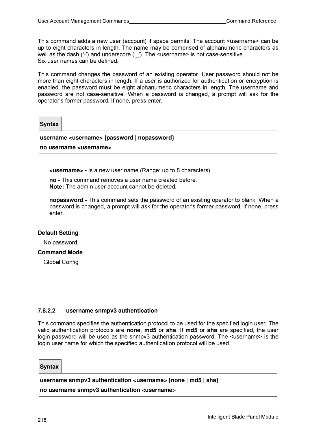 Fujitsu BX600 manual Username username password nopassword no username username, Username snmpv3 authentication 