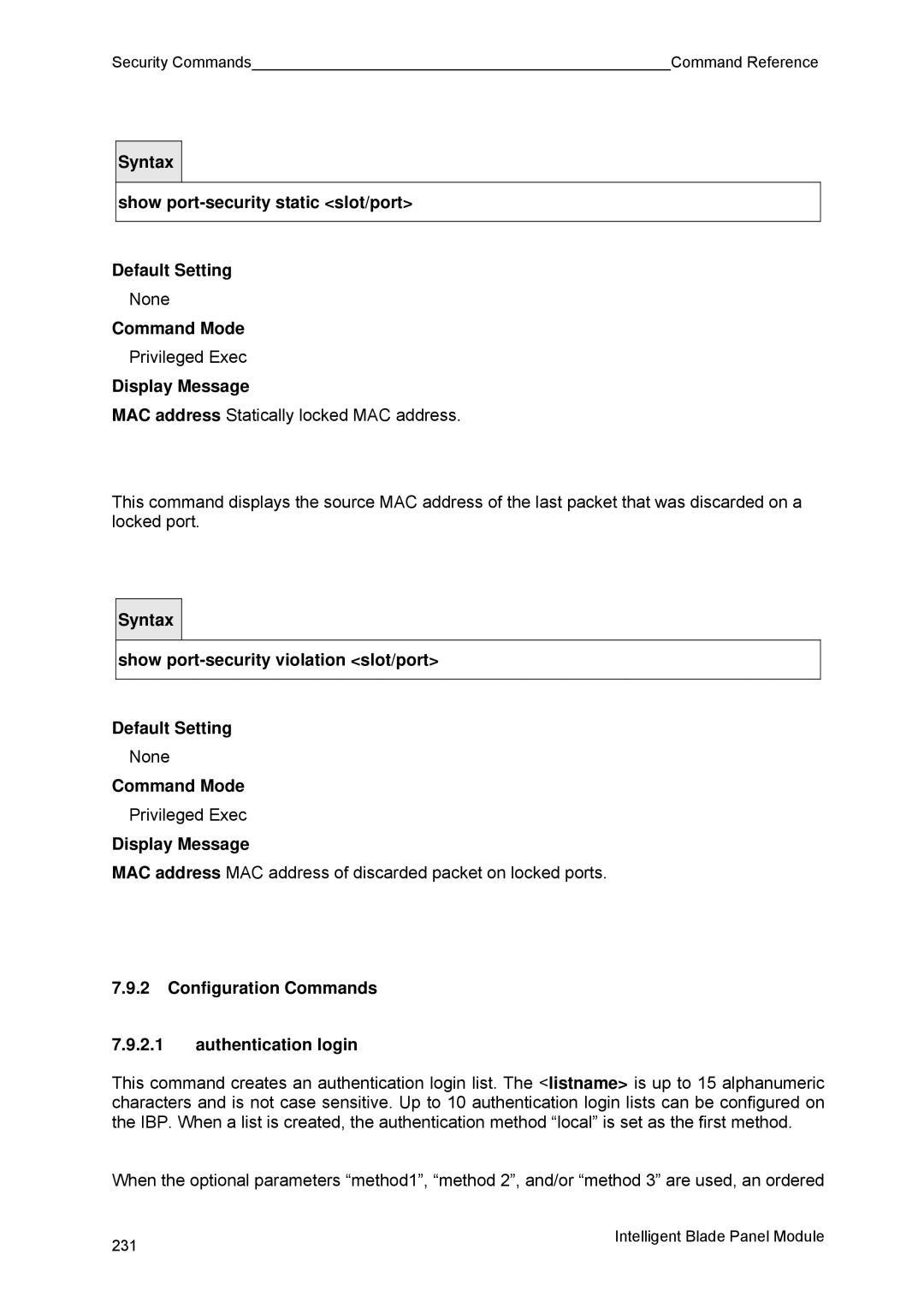 Fujitsu BX600 manual Configuration Commands Authentication login 