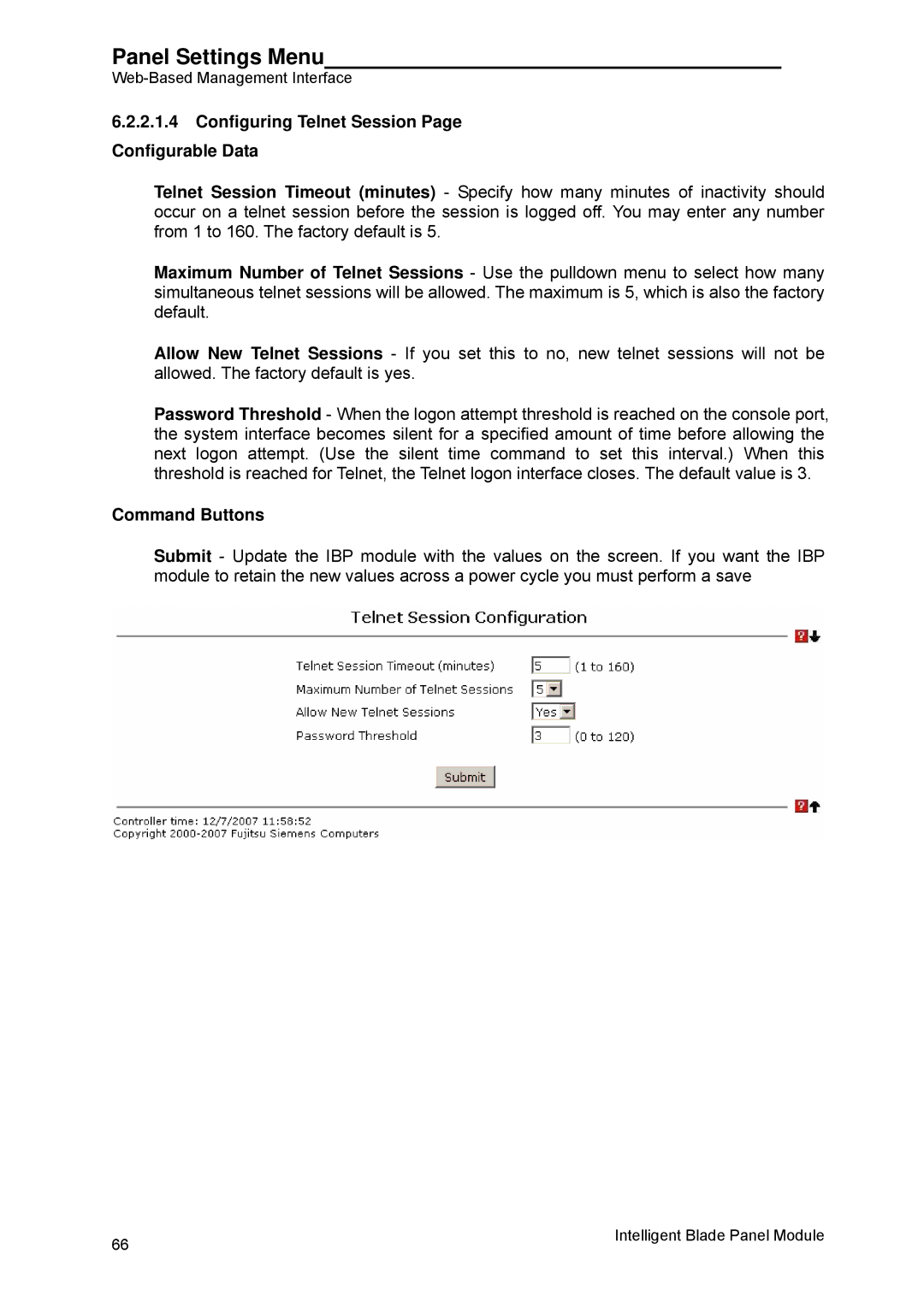 Fujitsu BX600 manual Configuring Telnet Session Page Configurable Data 