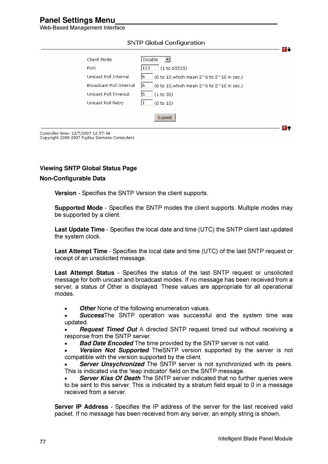 Fujitsu BX600 manual Viewing Sntp Global Status Non-Configurable Data 