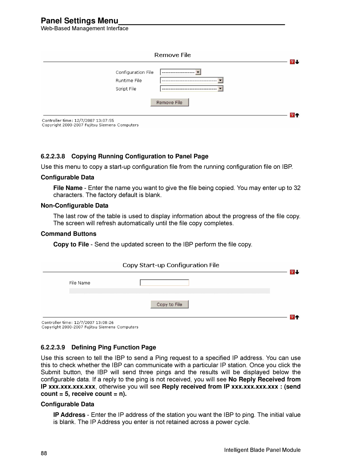 Fujitsu BX600 manual Copying Running Configuration to Panel, Defining Ping Function 