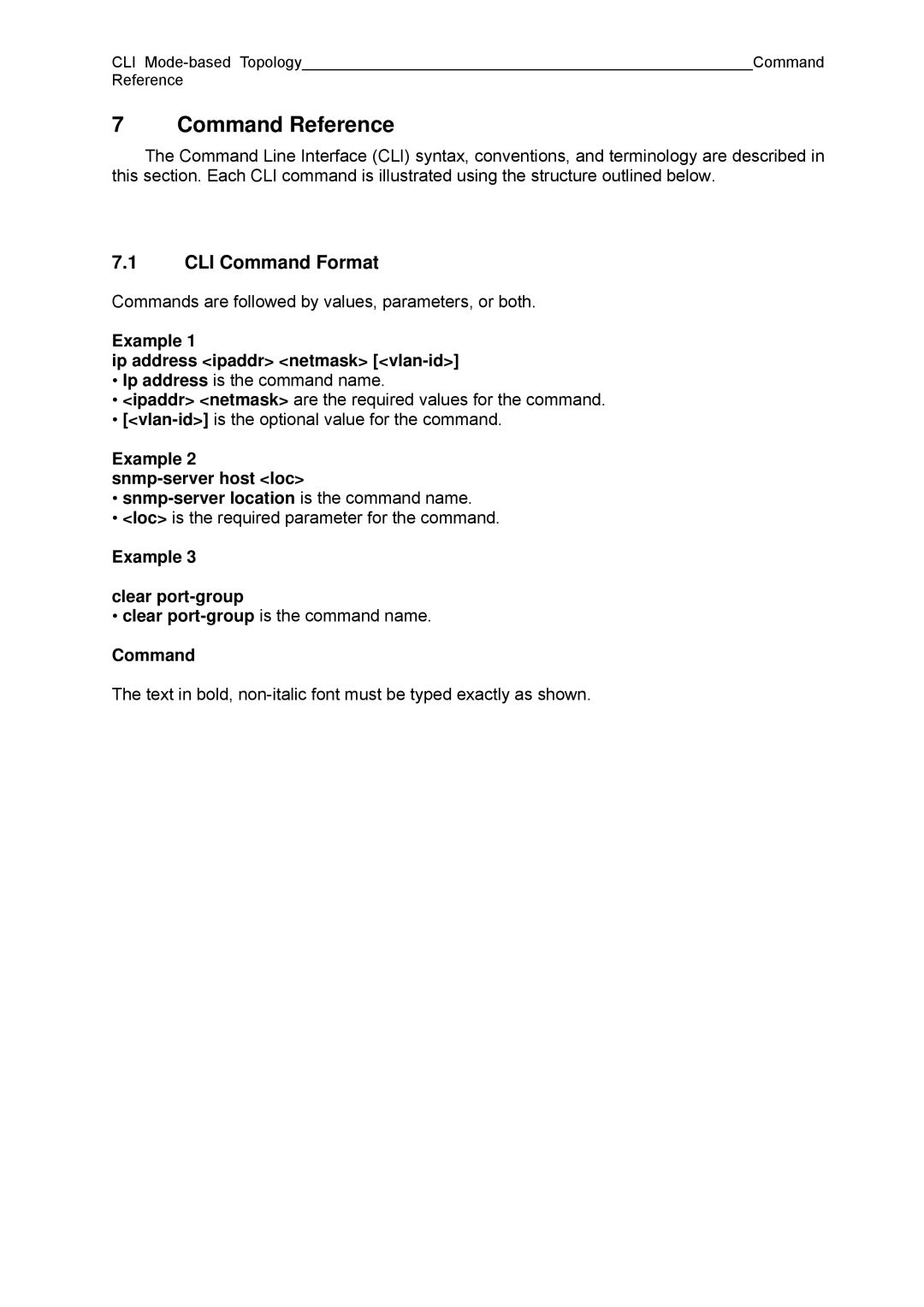 Fujitsu BX600 manual CLI Command Format, Example Ip address ipaddr netmask vlan-id, Example Clear port-group 